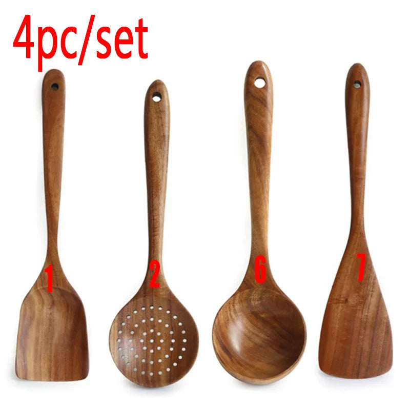 Vajilla de madera Natural de teca tailandesa, cuchara, cucharón, colador de arroz largo, espumadera de sopa, cucharas de cocina, juego de herramientas de cocina