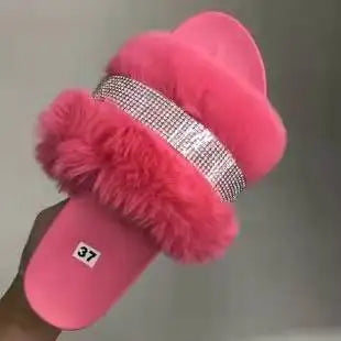 Dropshipping Platform Diamonds Fur Slides Slippers Hot Sale Flutty Slippers New Style Thick Sole Platform Sandals for Ladies