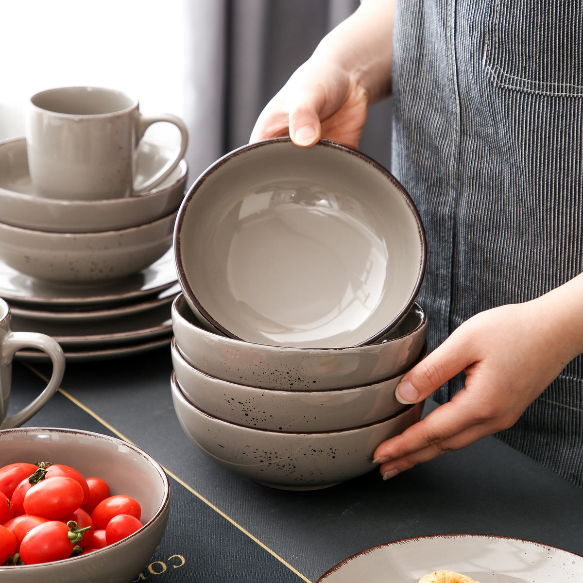 Vajilla de cerámica de gres, conjunto de taza, plato de cena, plato de postre y cuenco de 800 ml, modelo Vancasso VC-NAVIA-2-SLX123, color gris, desde 16, 32 y 48 piezas
