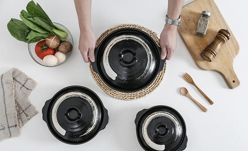 Cazuela de cerámica de estilo japonés, olla pequeña negra, cacerola de arcilla, utensilios de cocina para el hogar, suministros de cocina, olla para sopa, 1 Uds.