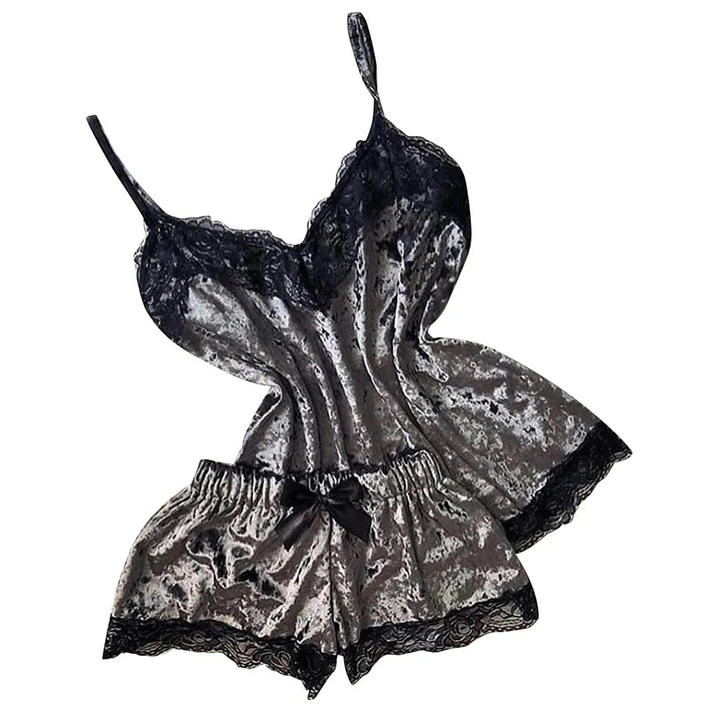 Pijamas de verano para mujer, ropa de dormir con lazo de terciopelo, ropa de dormir sin mangas con tirantes, camisola con adornos de encaje, conjuntos de pijama, lencería Sexy para mujer