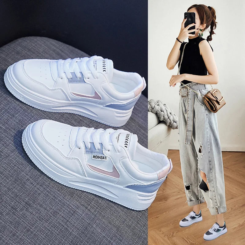 EACH Trendy Basic White Shoes Women 2023 Spring Autumn New Breathable Thick Bottom Board Shoes Women Students Sneakers