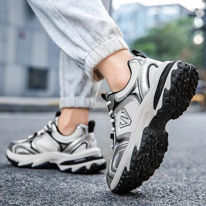 2026 New Trendy Chunky Sneakers Men Women Breathable Mesh Dad Shoes Metallic Silver Fashion Platform Walking Footwear