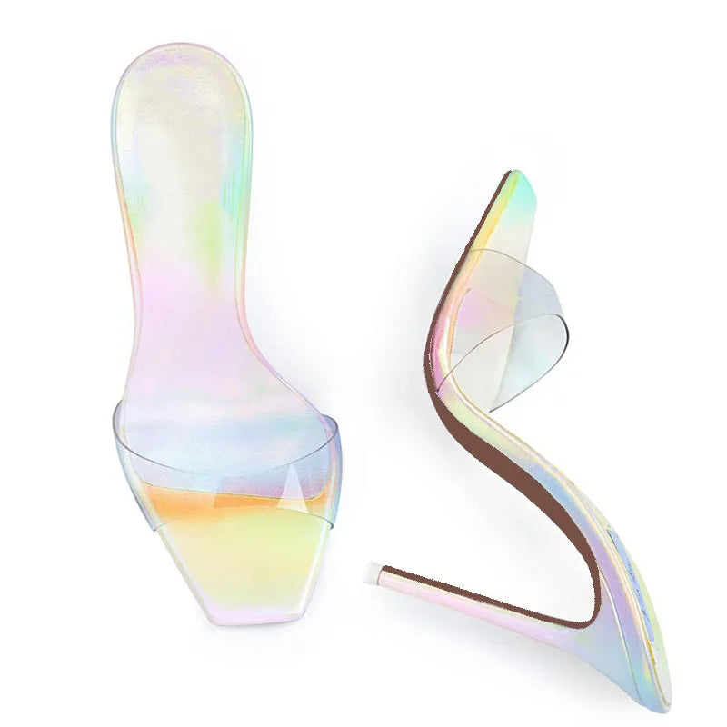 Talon Femme 2025 Summer Fashion PVC Mules Shoes Women 12cm PU Rubber Thin Heels Platform Trending Escarpins Pour Femmes Slippers