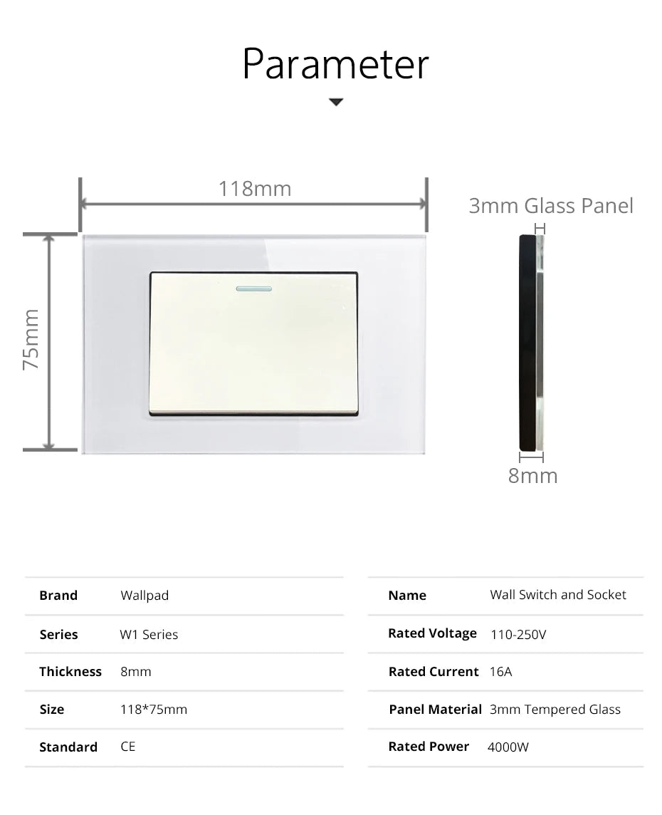 Wallpad Panel de vidrio templado blanco interruptor de luz de pared UE Reino Unido italiano Chile enchufe botón basculante 118*75mm 16A AC110-250V