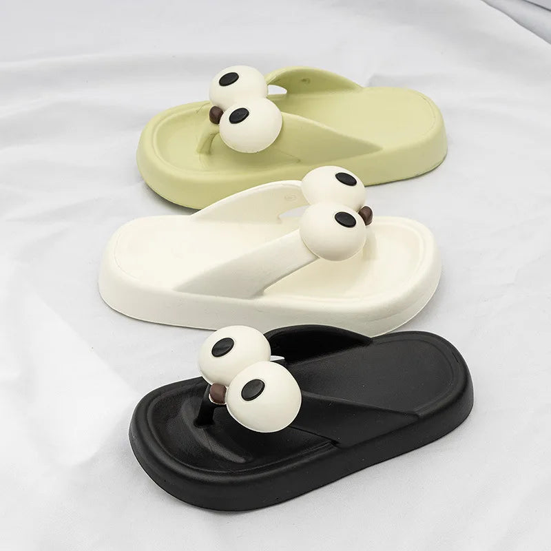 New Funny Women Big Eyes Decor Flip Flops Slippers Summer Soft Comfy Platform Beach Non-slip Home Bathroom Men Cute Shoes