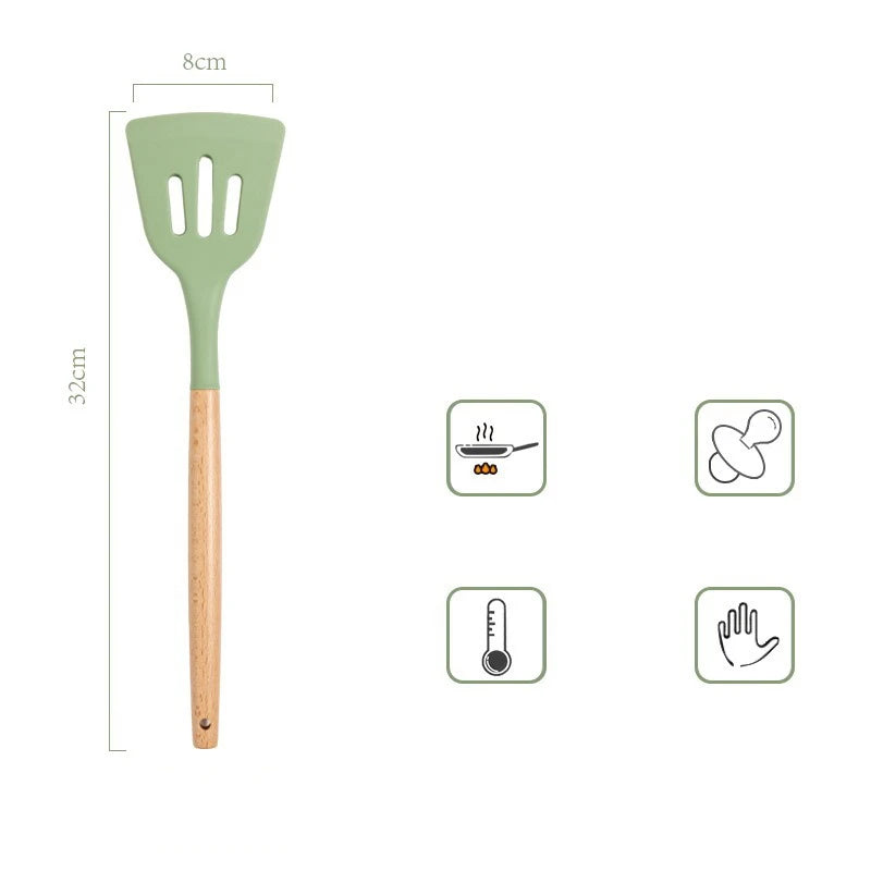 Utensilios de silicona verde aguacate, juego de herramientas de cocina con mango de madera, espátula antiadherente, cucharón, batidores de huevos, pala, nuevo