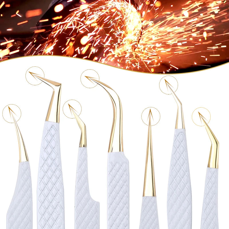 Pinzas de Precisión Antiestáticas de Acero Inoxidable Blanco-Dorado para Extensión de Pestañas, Juego de Herramientas de Maquillaje y Belleza para Cejas