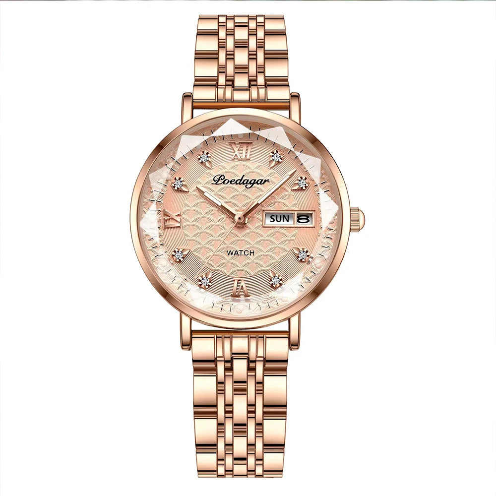 Reloj POEDAGAR para mujer, nueva moda, reloj de pulsera de acero inoxidable de lujo, pulsera Simple de oro rosa, relojes luminosos impermeables para mujer