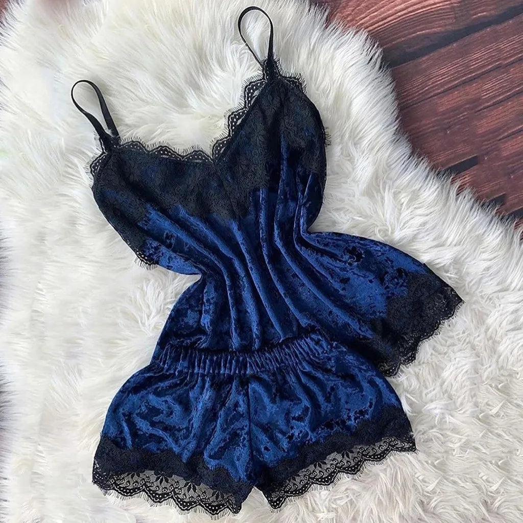 Pijamas de verano para mujer, ropa de dormir con lazo de terciopelo, ropa de dormir sin mangas con tirantes, camisola con adornos de encaje, conjuntos de pijama, lencería Sexy para mujer