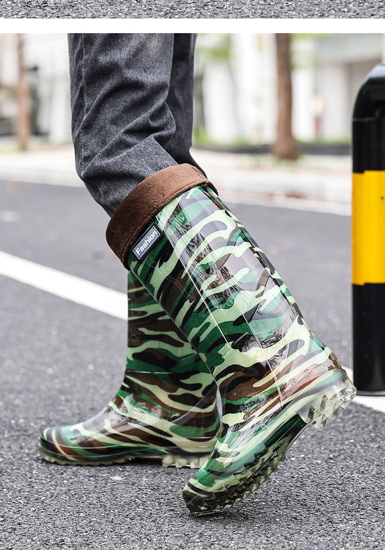 Taobao rain shoes men's beef tendon bottom camouflage waterproof non-slip wear-resistant water shoes fleece-lined warm labor protection shoes explosions wholesale