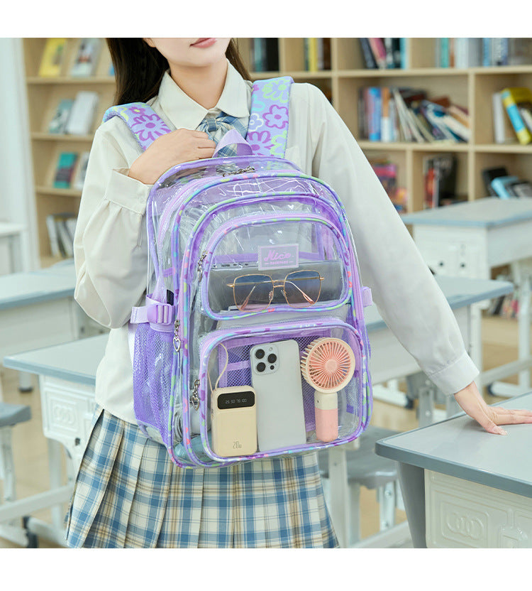 New Cross-Border Transparent Backpack Waterproof Large Capacity Male and Female Students Junior High School Grade School Bag Backpack Female