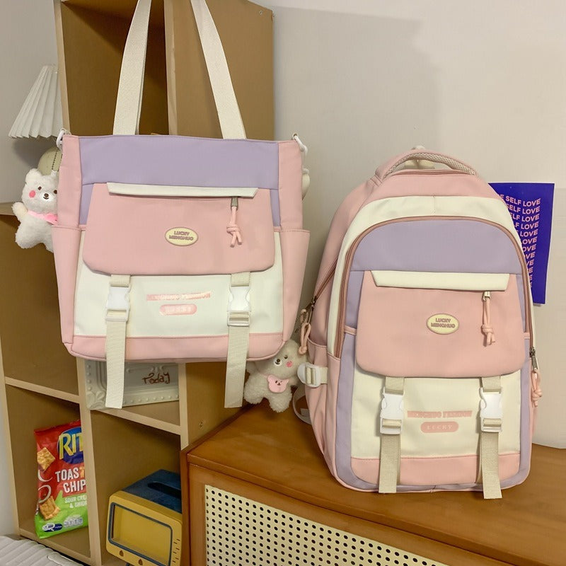 Korean Style Contrast Color Cute Backpack Female College Student Campus Style Schoolbag Japanese Style Junior High School Senior high school Large Capacity Backpack