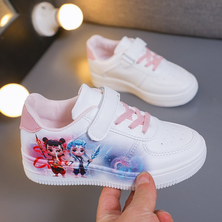White Sneakers Nezha Ao Bing Children's Shoes Soft Sole Versatile Casual Sports Shoes with Buckle Student Shoes Running Shoes for Young Children
