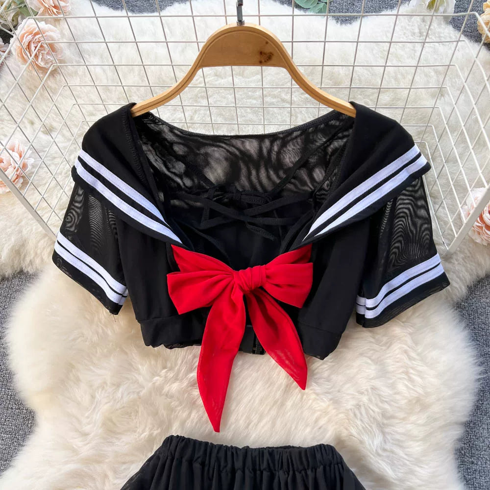 CHILLGIO-Conjunto de pijama con falda de malla transparente para mujer, ropa de dormir, lencería erótica de moda, estilo Preppy japonés