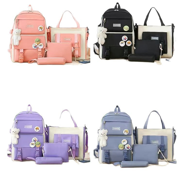 New School Bag Backpack Female Korean Version Canvas Large Capacity Five-Piece Set Middle School Student Backpack Student School Bag Female