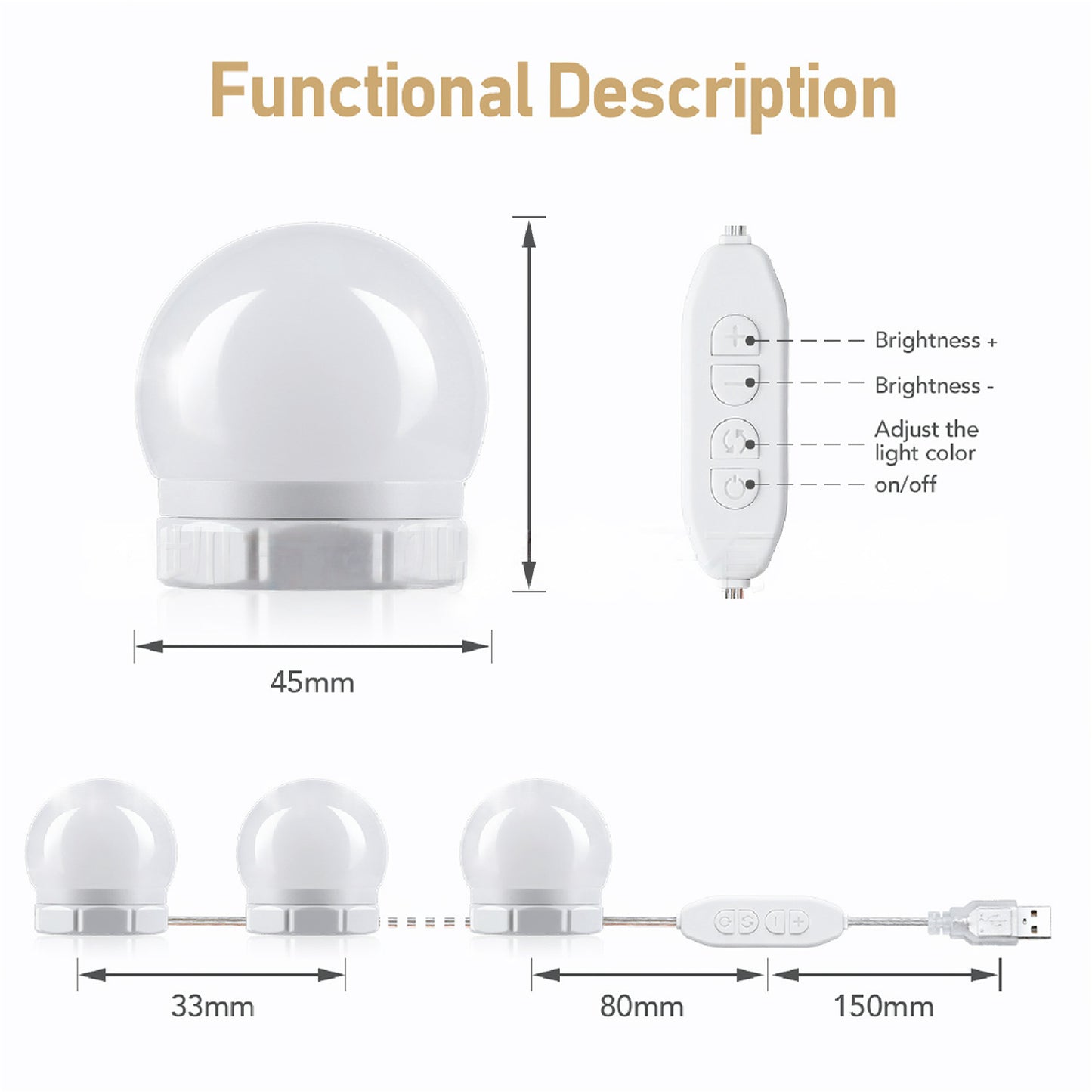 10 bombillas LED desmontables, lámpara para espejo de maquillaje profesional, alimentación USB, luz para espejo cosmético, tocador de Hollywood, luces de tocador