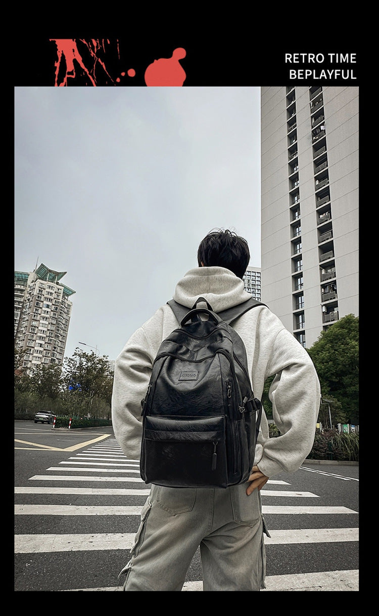 New soft leather retro men's and women's shoulder bag high school students college students large capacity schoolbag trendy cool all-match backpack wholesale