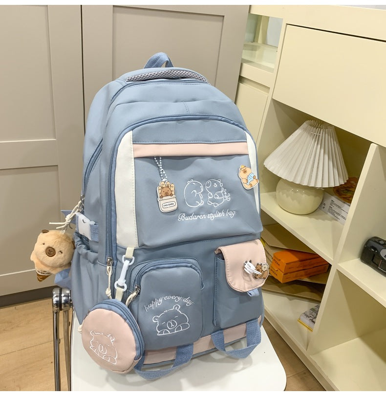 Ins Style School Bag for Girls, Versatile Color-Blocking Large-Capacity Backpack for Middle School and High School Students, Campus Style