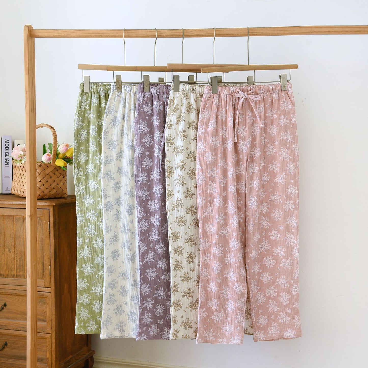Spring and Autumn New Double-layer Cotton Yarn Home Pants Simple Atmospheric Crepe Trousers for Outer Wearing Four Seasons Thin Breathable