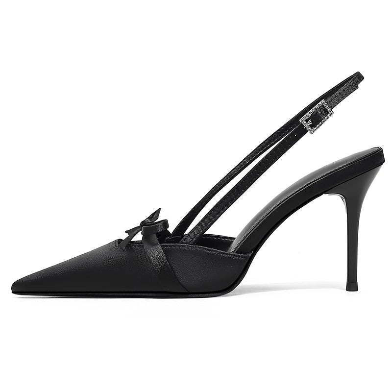 Bow-tied Sandals Women's Summer Gentle Style Dress Cheongsam National Style Elegant Pointed Stiletto Heel Black High-heeled Shoes