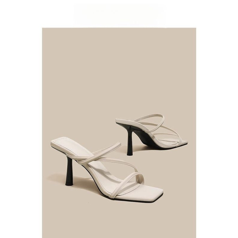 French-Style White High-Heeled Shoes 2026 Summer New Model Thin-Heeled Fairy-Style One-Strap Sandals Versatile Square-Toe Mules