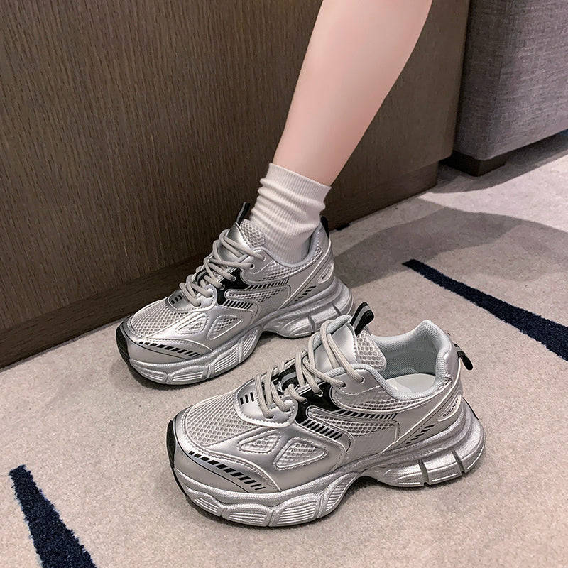 Girls' Sneakers Spring/Summer 2025 New Model for Older Children, Silver Mesh Summer Running Shoes, Kids' Shoes, Dad Shoes