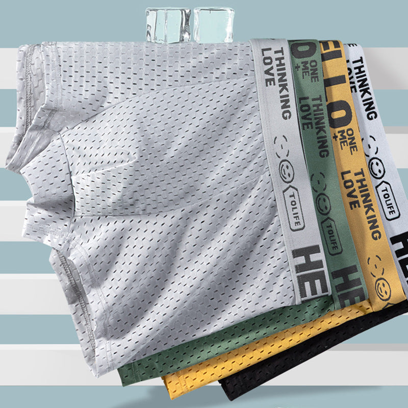 Hello Ice Silk Men's Underwear Skin-Friendly Breathable Mesh Quick-Drying Boxer Briefs Antibacterial Crotch Youth Boxer Shorts