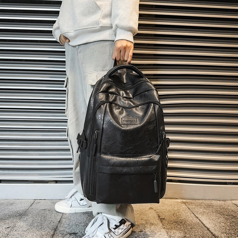 New soft leather retro men's and women's shoulder bag high school students college students large capacity schoolbag trendy cool all-match backpack wholesale