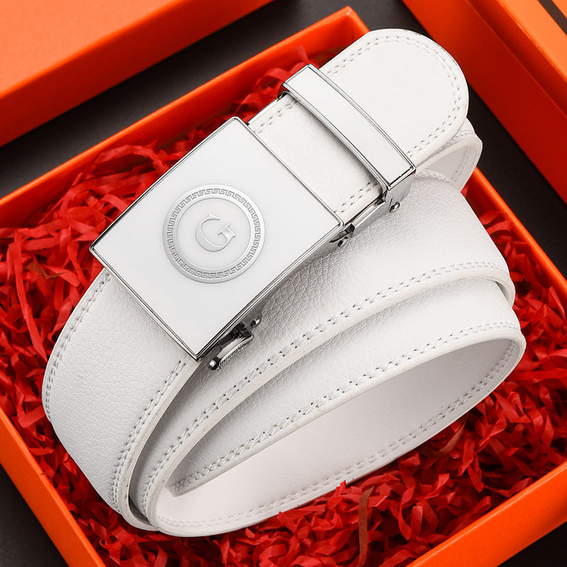 Belt Men's Genuine Leather White Automatic Buckle Belt Letter Trendy Personalized Trouser Belt Korean Version Dropshipping Factory Direct Sales