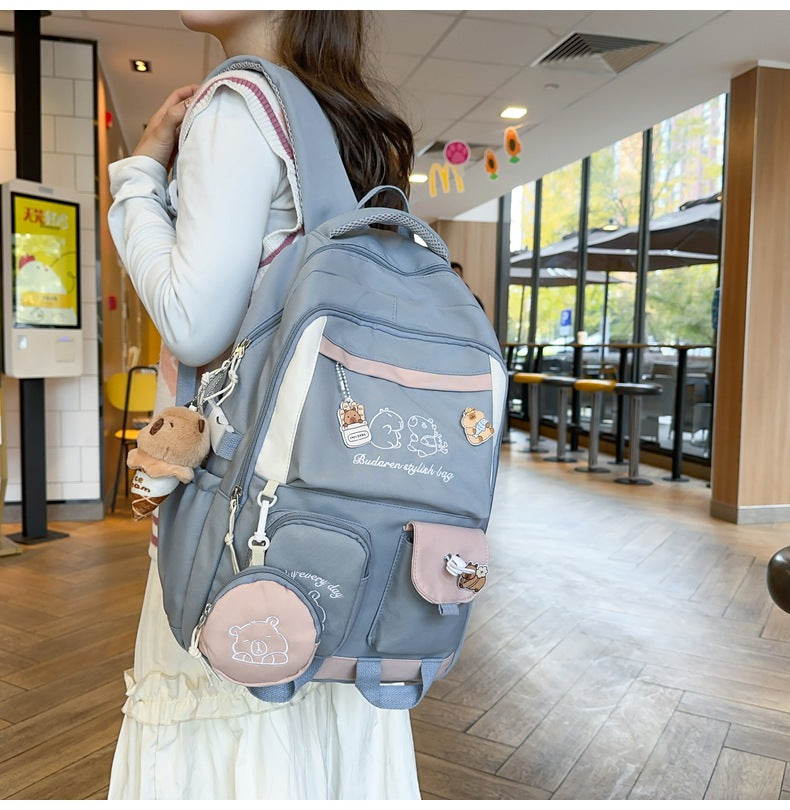 Ins Style School Bag for Girls, Versatile Color-Blocking Large-Capacity Backpack for Middle School and High School Students, Campus Style