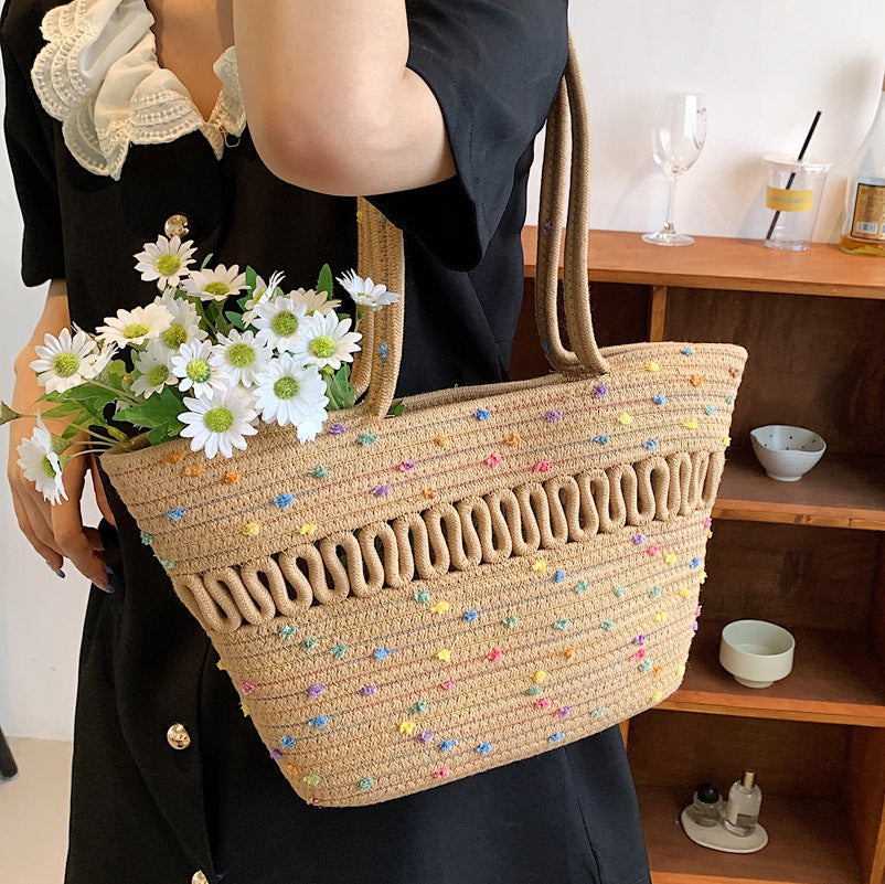 Summer Large Capacity Bag Women's National Style New Trendy Fashionable Simple Women's Bag Internet Trendy All-match Single-shoulder Straw Bucket Bag
