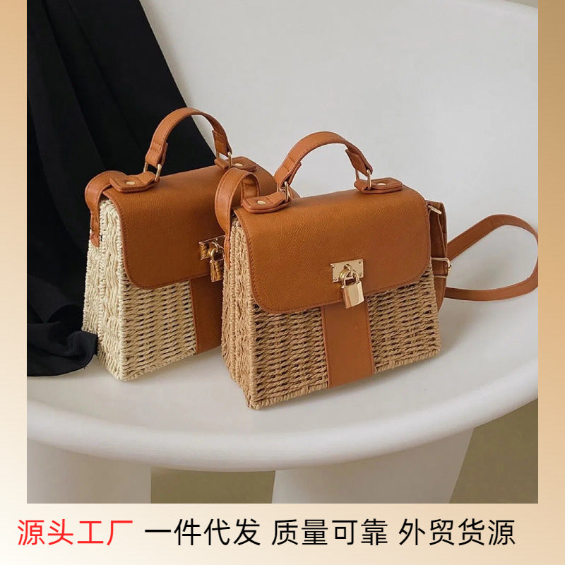 Bags for Women, Woven Bags, Fashionable Shoulder Bags, Crossbody Bags, Handbags, Vacation Small Square Bags, Lock Buckle Women's Bags, Straw Woven Bags