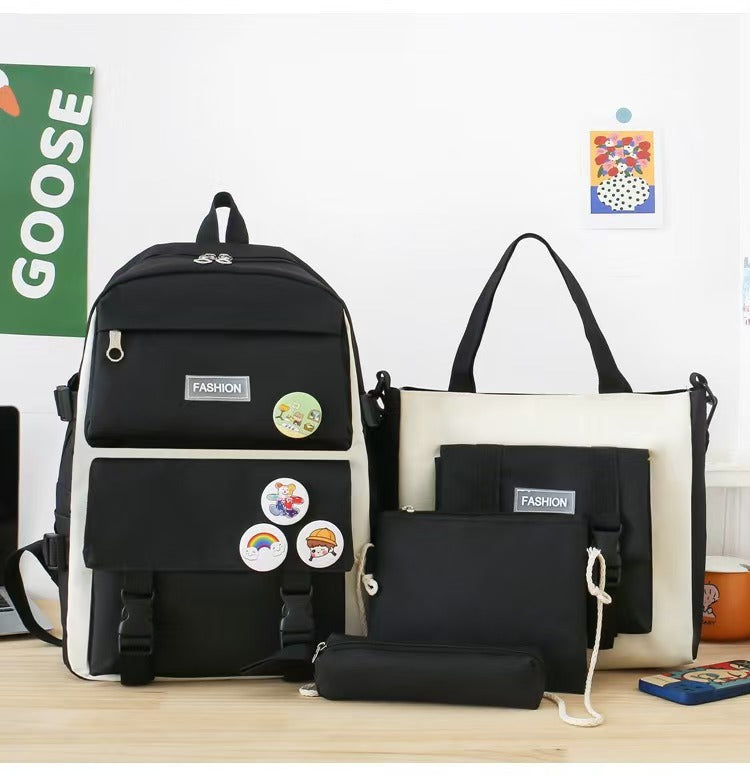New School Bag Backpack Female Korean Version Canvas Large Capacity Five-Piece Set Middle School Student Backpack Student School Bag Female