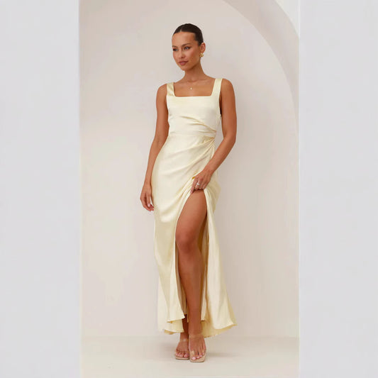 AliExpress Amazon Europe and the United States cross-border women's new solid color high-end sense satin high waist backless sexy dress