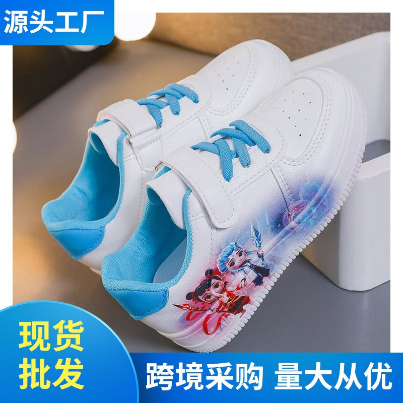 White Sneakers Nezha Ao Bing Children's Shoes Soft Sole Versatile Casual Sports Shoes with Buckle Student Shoes Running Shoes for Young Children