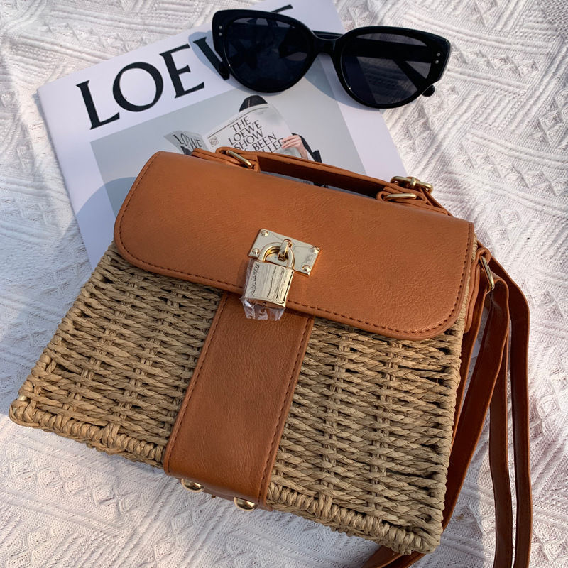 Bags for Women, Woven Bags, Fashionable Shoulder Bags, Crossbody Bags, Handbags, Vacation Small Square Bags, Lock Buckle Women's Bags, Straw Woven Bags