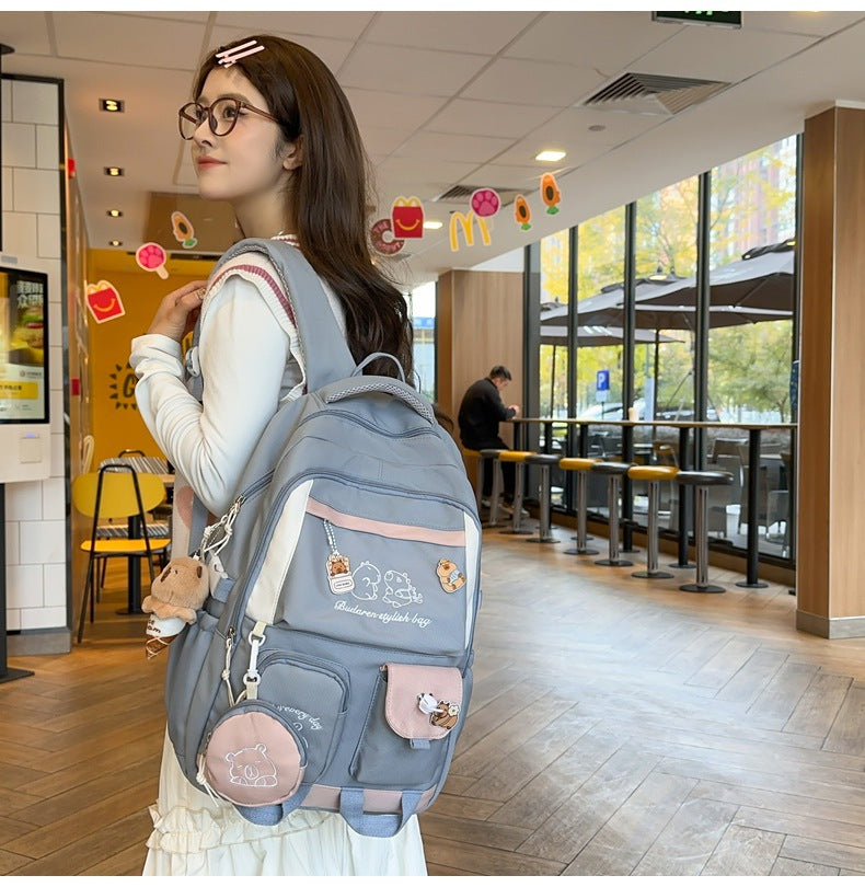 Ins Style School Bag for Girls, Versatile Color-Blocking Large-Capacity Backpack for Middle School and High School Students, Campus Style