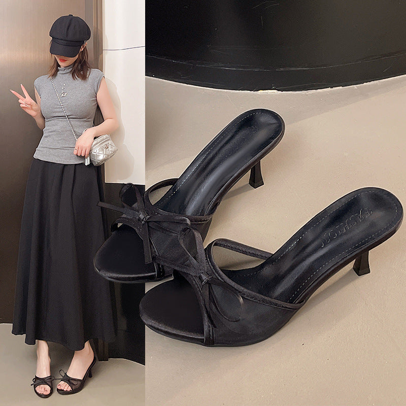 2025 Summer New European and American Style Fine-heeled Sandals Women's Bow Mesh Elegant High-heeled 42-yard Cross-border Sandals