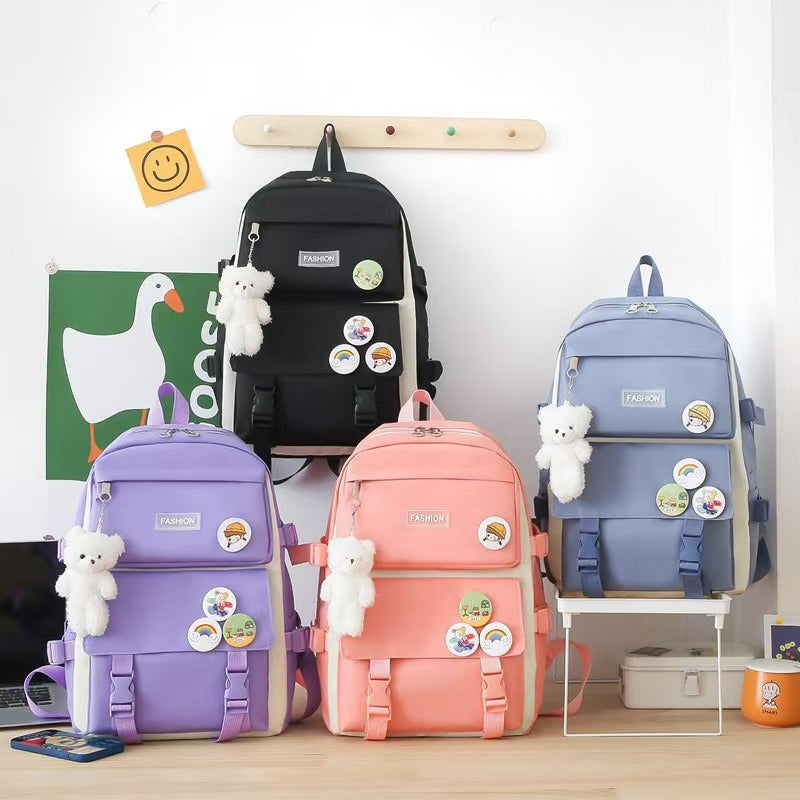 New School Bag Backpack Female Korean Version Canvas Large Capacity Five-Piece Set Middle School Student Backpack Student School Bag Female
