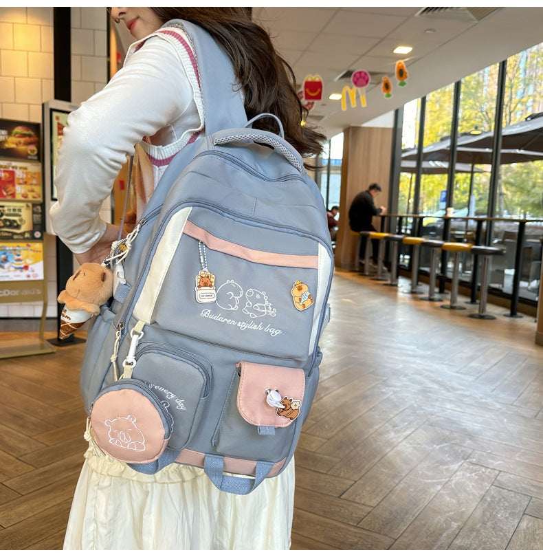 Ins Style School Bag for Girls, Versatile Color-Blocking Large-Capacity Backpack for Middle School and High School Students, Campus Style