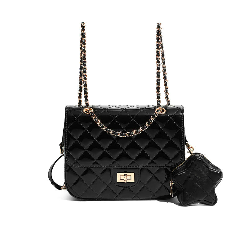 Tweed Style Patent Leather Quilted Star Backpack for Women 2024 New Silver Backpack High-End Genuine Leather Chain School Bag