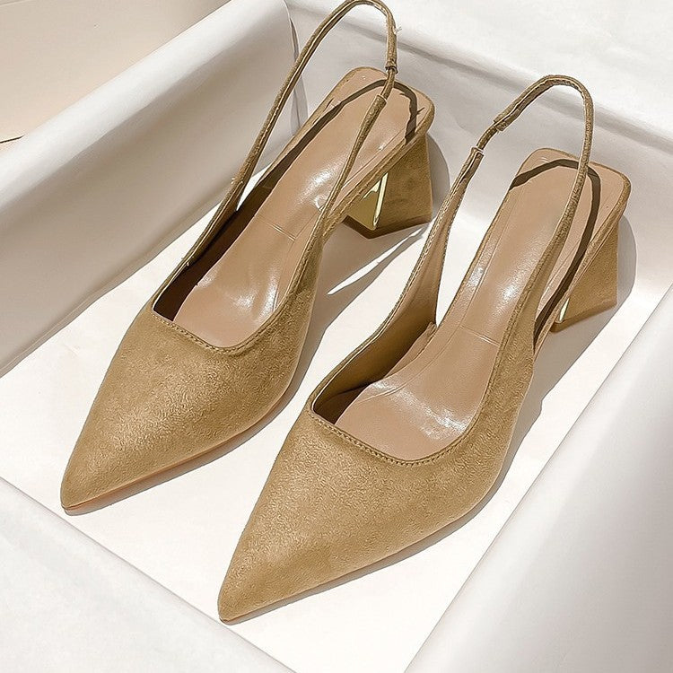 Pointed Toe Slimming Look Suede High-Heeled Shoes, Feminine 2023, New Spring and Summer Thick Heels, Simple Back Hollow Toe Sandals