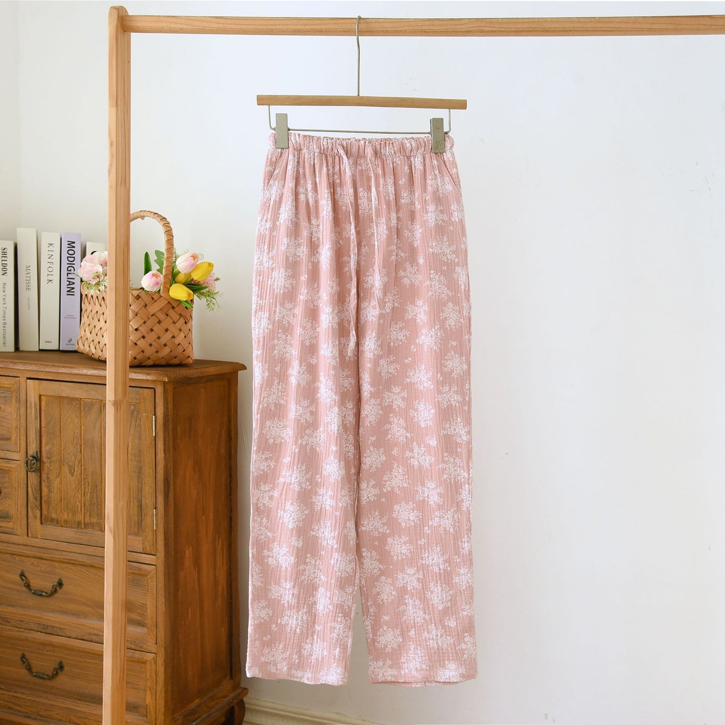 Spring and Autumn New Double-layer Cotton Yarn Home Pants Simple Atmospheric Crepe Trousers for Outer Wearing Four Seasons Thin Breathable