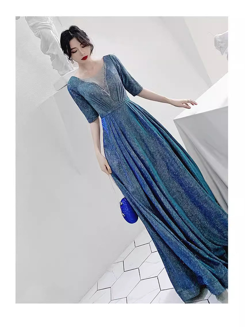 Starry Sky Evening Dress 2025 New Sparkling V Neck Splicing Mesh Host Banquet Chorus Conductor Dress Skirt