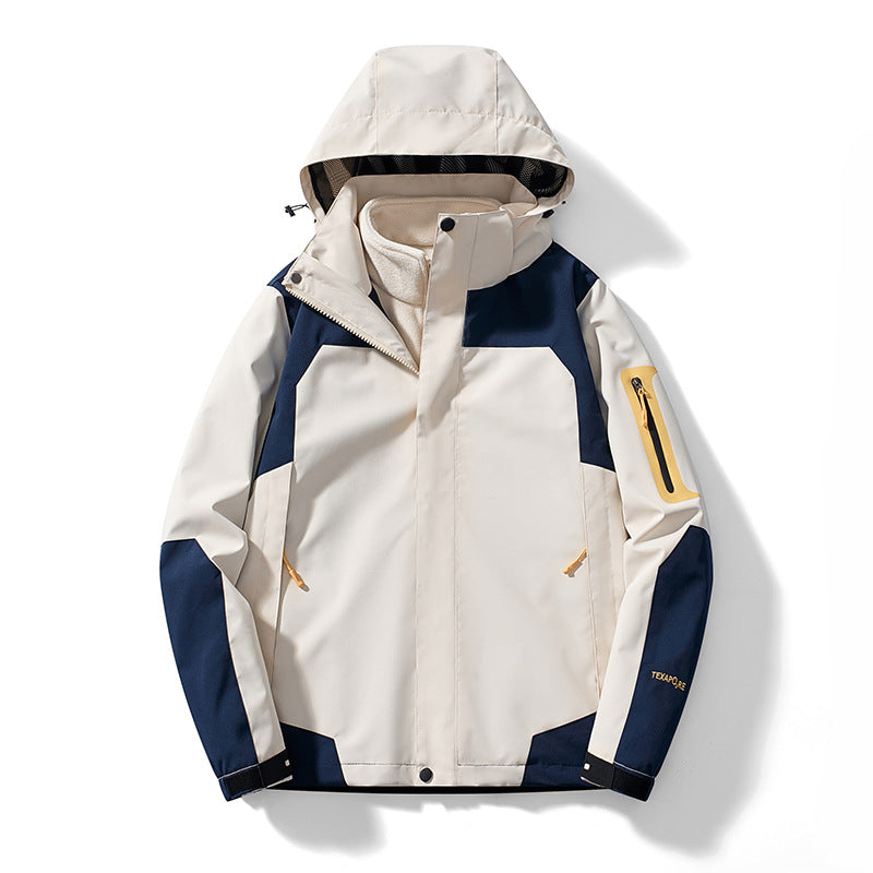 Women's Three-In-One Detachable Winter Velvet Thickened Outdoor Mountaineering Jacket Men's Waterproof Jacket Trendy