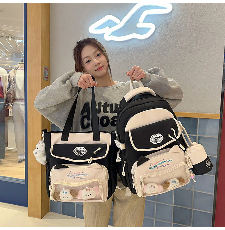 College Style School Bag Three-Piece Set for Girls with Good Looks and Versatile DIY Girl Pain Bag Student Class Backpack Tutoring Bag