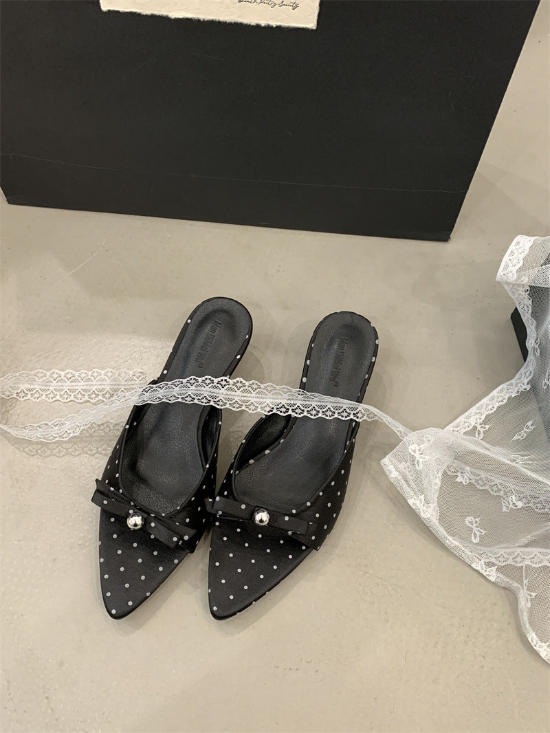Retro and Playful~Romantic French Polka Dot Cat Heel Bow Sandals for Women Low Heel Open Toe Satin Slippers