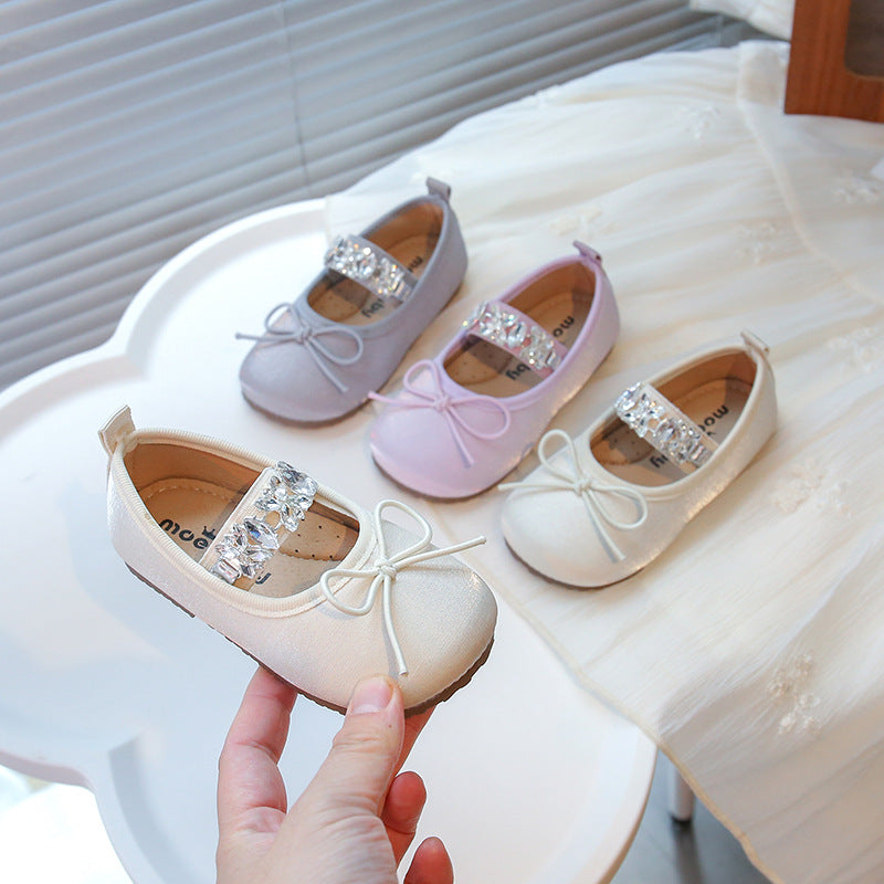 Girls Dance Shoes 2025 Spring and Summer New Large Rhinestone Shiny Princess Shoes Children Cute Bow Single Shoes