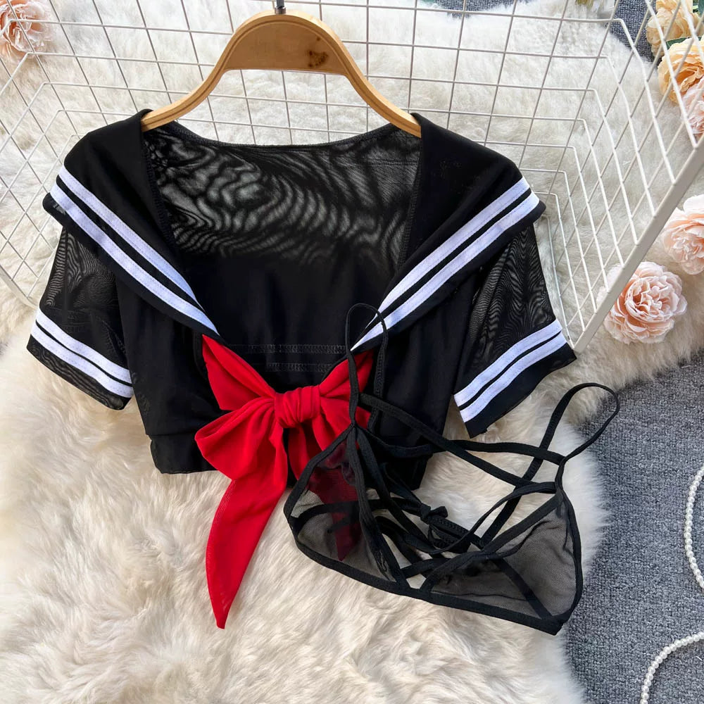 CHILLGIO-Conjunto de pijama con falda de malla transparente para mujer, ropa de dormir, lencería erótica de moda, estilo Preppy japonés